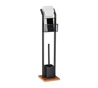 Relaxdays Ensemble WC AV. étagère, Brosse WC et dérouleur Papier, Support pour Portable, Aspect Bois, H 78 cm, Noir