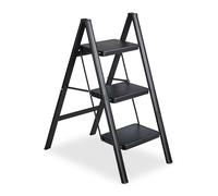 Relaxdays Escabeau Pliable, 3 marches, marchepied léger en Acier, supporte Jusqu’à 120 kg, HxLxP : 85 x 42 x 66 cm, Noir