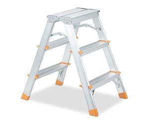 Relaxdays Escabeau Pliable, alu et PP, Charge Max. 150 kg, utilisable des 2 côtés, 3 marches, argenté/Orange