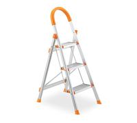 Relaxdays Escabeau Pliable, Aluminium, Plastique, Charge Max. 150 kg, 3 marches, pour Quotidien, argenté/Orange