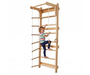 Relaxdays Espalier enfant, 215x80x57,5 cm, barre de traction, anneaux, échelle, naturel, mur d'escalade