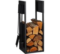 Relaxdays Range-bûches avec Couverts, métal, HxLxP: 76,5x36x30 cm, Support intérieur pour Bois de Chauffage, Noir