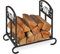 Relaxdays Rangement Bois de cheminée, Pliable, HxLxP: 44,5 x 51 x 32cm, Stockage bûches, Ornements Floraux, Acier, Noir