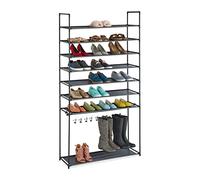 Relaxdays Étagère à Chaussures 8 étages, système emboîtement, 32 Paires, 7 Crochets Bottes, métal et Tissu, Noir