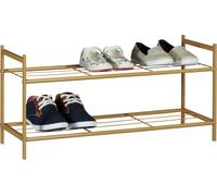 Relaxdays Meuble à chaussures SANDRA avec 2 étages étagère en métal HxlxP: 33,5 x 69,5 x 26 cm pour 6 paires commode avec poignées marron clair