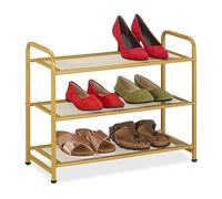 Relaxdays Étagère à Chaussures compacte, pour 6 Paires, en métal, 3 Niveaux, H x L x P : 48 x 60 x 25 cm, dorée