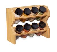 Relaxdays 10028824 Étagère Bambou, 8 Pots Verre, Présentoir à épices, Organiseur 2 étages, Rangement, Nature