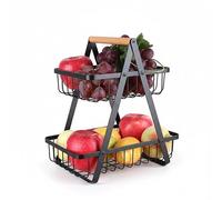 Relaxdays Etagère à Fruits, 2 Niveaux, métal, poignée en Bois, H x L x P : 34 x 26 x 17 cm, Corbeille à Fruits, Noir
