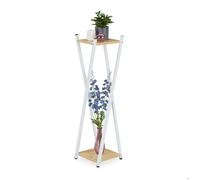 Relaxdays Étagère à plantes, 2 surfaces effet bois, tabouret moderne fleur, HLP : 99x29x29 cm, colonne, blanc-brun clair