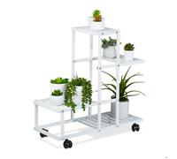 Relaxdays Étagère à plantes 4 niveaux pour herbes aromatiques et fleurs métallique acier roulettes blanche
