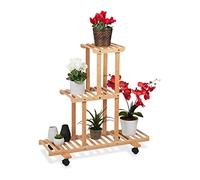 Relaxdays Étagère à Plantes, avec 3 emplacements, en Bambou, roulettes, HLP : env. 82 x 81 x 36 cm, intérieur, Nature