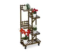 Relaxdays Étagère à Plantes, avec 5 Niveaux, en Bambou, roulettes, HLP : env. 130 x 62 x 36 cm, intérieur, Nature
