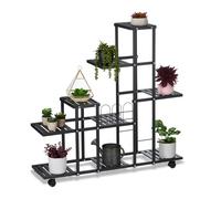 Relaxdays Étagère à Plantes, avec roulettes, 9 emplacements, H x L x P : 91,5 x 93 x 26 cm, pour intérieur, Noire