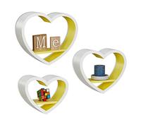Relaxdays Étagère à suspendre lot de 3 cœurs flottants support mural meuble rangement bois MDF 6 kg charge, blanc/jaune