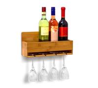 Relaxdays Étagère à vin Porte-verres fixation murale Porte-bouteilles Support bouteilles vin bambou HxlxP: 17 x 36 x 11,5 cm 4 bouteilles & 4 verres, nature