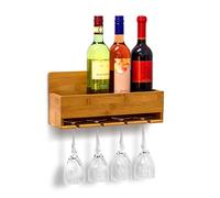 Relaxdays Étagère à vin Porte-verres fixation murale Porte-bouteilles Support bouteilles vin bambou HxlxP: 17 x 36 x 11,5 cm 4 bouteilles & 4 verres, nature