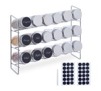 Relaxdays Étagère à épices avec 18 Pots en Verre, 36 étiquettes, Conservation épices, HxLxP : 22 x 29 x 9,5 cm, argenté