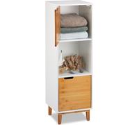 Relaxdays Pieds, Etagère de Salon avec Porte, Armoire d’appoint en MDF et Bambou, HLP 101x32x30 cm, Blanc, Weiß, 101 x 32 x 30 cm