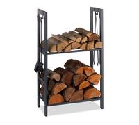 Relaxdays Etagère Cheminée 100x60x30 cm étagère à bûches 2 niveaux bois porte-bûches range buche 4 crochets, anthracite