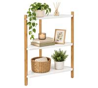 Relaxdays Étagère d'angle sur Pied, Blanche/Nature | 60 x 46 x 25 cm, 3 tablettes, salon, salle de bains, MDF, bambou