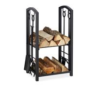 Relaxdays 10028783 Etagère à bois serviteur, 2 Etages Porte buche, outils cheminée, pelle,balai,pince,tisonnier, noir, acier, plastique, 73 x 46 x 30 cm