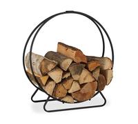 Relaxdays Etagère de Cheminée, Range bûches rond, Bois, acier, étagère cercle bois, HxlxP 65x61x26 cm, noir