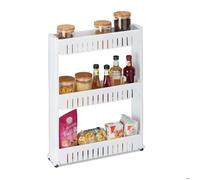 Relaxdays Étagère de Cuisine à roulettes, 3 Niveaux, Rangement étroit, Salle de Bain, 71x12,5x54 cm, Plastique, Blanc