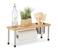 Relaxdays Étagère de cuisine support essuie-tout & pot à couverts bambou & acier inoxydable nature - argenté