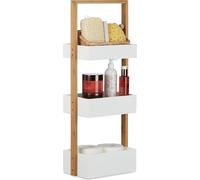 Relaxdays Étagère de salle de bain rangement serviteur de douche avec 3 paniers bois HxlxP: 76 x 30 x 18,5 cm, blanc/nature