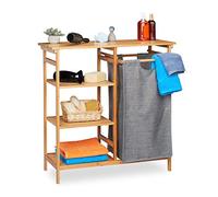 Relaxdays Etagère de Salle de Bain avec Corbeille, Bambou, 4 étages, Panier Amovible, 80,5 x 80 x 33,5 cm, Nature/Gris