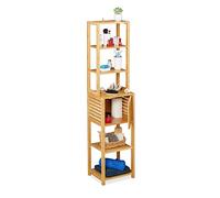 Relaxdays Etagère de Salle de Bain en Bambou, 7 rangements,1 Compartiment avec Porte, Cuisine, 149 x 35 x 29 cm, Naturel, MDF, 1