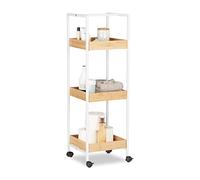 Relaxdays Étagère de Salle de Bain Mobile 3 étages avec roulettes Dimensions : 89 x 30 x 30 cm - Bois et métal - Blanc/Marron