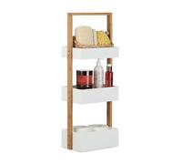 Relaxdays Étagère de salle de bain rangement serviteur de douche avec 3 paniers bois HxlxP: 76 x 30 x 18,5 cm, blanc/nature