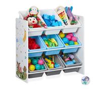 Relaxdays Etagère enfants, 9 boîtes de rangement, motifs feu, MDF, plastique, meuble HxlxP 67 x 65 x 31,5 cm, coloré