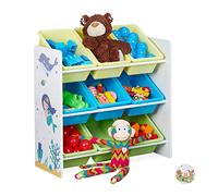 relaxdays Etagère Enfants, 9 boîtes de Rangement, Motifs mer, MDF, Plastique, Meuble HxlxP 67 x 65 x 31,5 cm, coloré