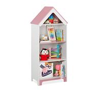 Relaxdays Étagère Enfants Super-héroïne, 4 Compartiments à Jouets, Armoire à Portes, HxLxP 116x51x30 cm, Blanc et Rose