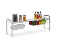 Relaxdays Etagère évier avec porte rouleau de cuisine, meuble cuisine avec panier, métal HxlxP: 32 x 94 x 23 cm, blanc/a