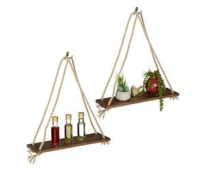 Relaxdays Étagère Flottante Bois, Set de 2, Tablette Suspendue, Cordes Maritime, Vintage Plante, 49 x 43 x 13 cm, Brun