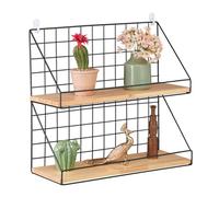 Relaxdays Étagère Murale, 2 Niveaux, Aspect grillagé, HxLxP: 41x45x16 cm, Style Industriel, métal & Bois, Noir - Marron