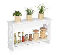 Relaxdays Etagère murale, 3 crochets métalliques, 2 supports, campagnard, cuisine, garde robe mur, HlP 40x66x20cm, blanc