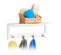 Relaxdays Étagère Murale avec 4 Patères, 17,5 x 50 x 16 cm, Bambou, Porte-Serviette, Garde-robe Suspension, Blanc