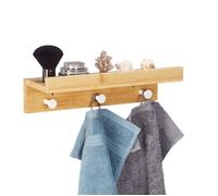 Relaxdays Étagère murale avec crochets, bambou, HxLxP : 10 x 36 x 12 cm, salle de bain, entrée, 3 patères, nature