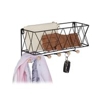 Relaxdays Etagère Murale avec portemanteaux, métal & Bois, Design Grille, 6 Crochets à Vestes, 17 x 36 x 13 cm, Noir