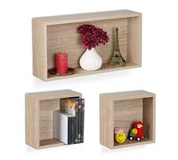 Relaxdays Étagère Murale carrée, Lot de 3, Aspect Bois, 2 Tailles, rectangulaire & carré, Rangement Mural Cube, Nature