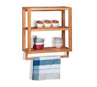 Relaxdays Etagère Murale en Bambou, 3 étages, Barre pour Serviette, Salle de Bain, HLP 58,5 x 52 x 21 cm, Naturel