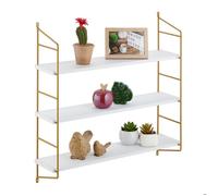 Relaxdays Étagère murale, HxLxP: 60 x 60 x 15 cm, rangement à 3 niveaux, MDF & fer, support salon, blanc - or