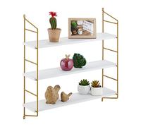 Relaxdays Étagère Murale, HxLxP: 60 x 60 x 15 cm, Rangement à 3 Niveaux, MDF & Fer, Support Salon, Blanc - Or