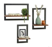 Relaxdays Étagère murale, lot de 3, métal et MDF, 3 tailles, pour cadres et déco, style industriel, marron/noir