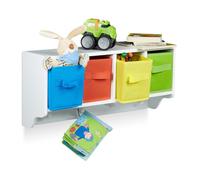 Relaxdays Etagere murale pour enfants ALBUS avec 4 crochets manteaux 4 boîtes de rangement colorées HxlxP: 28 x 61 x 16 cm, blanc