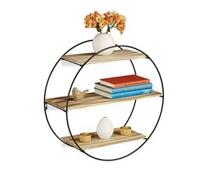 Relaxdays Étagère Murale Ronde 3 Tablettes Mur 3 étages déco, Bois métal, hexagonale, Vintage, Ø 50 cm, Noir/Nature